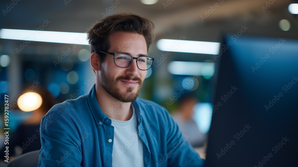 Poster focused software developer in modern open office space
