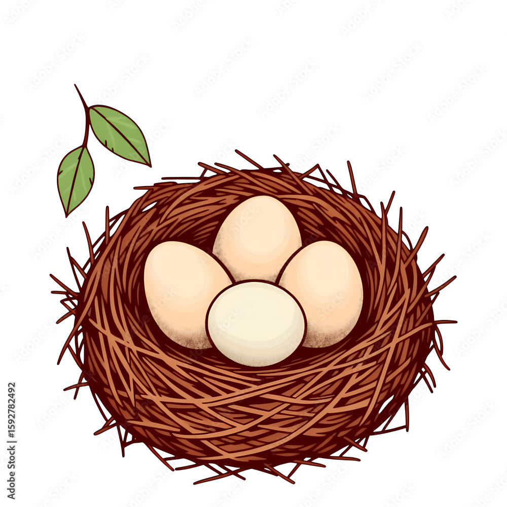 Poster a bird's nest filled with four eggs and a small branch with two leaves attached on transparent backg