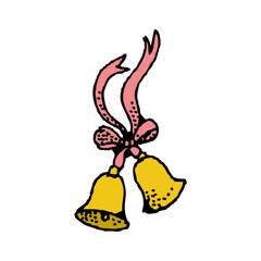 Celebrate with charming golden bells and a delicate pink bow, creating a festive design element perfect for holidays or special occasions.