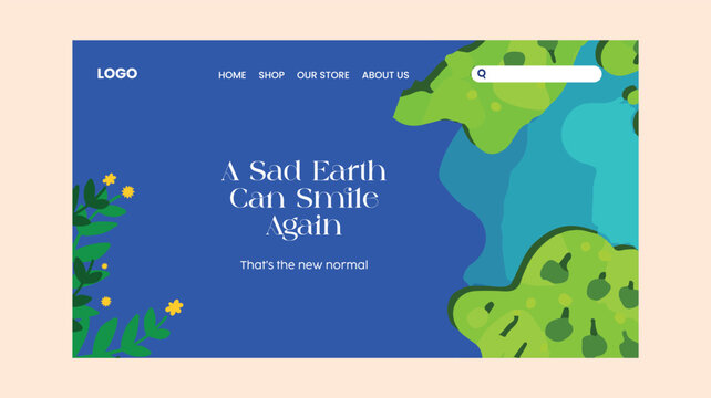 Sustainability-themed landing page template with Earth and foliage illustration. Great for eco websites, environmental campaigns, green lifestyle brands, and plastic-free living awareness.