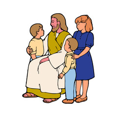 Jesus Christ with children graphic design for religious education materials and printable religious imagery.
