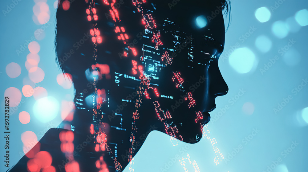 Poster woman's face is shown in a computer generated image with a lot of red