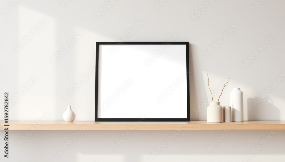 Poster elegant minimalist interior design with blank frame mockup on shelf display
