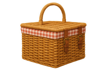 Closed wicker picnic basket with red checkered tablecloth and leather straps on transparent background