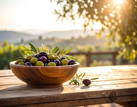 Fresh olives in a wooden bowl outdoors at sunset - Powered by Adobe