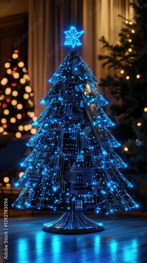 Poster a digital christmas tree made of neon blue microchips stands on a motherboard base. luminescent circ