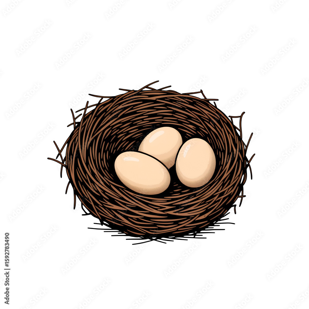 Poster a drawing of three eggs nestled inside a bird's nest on transparent background