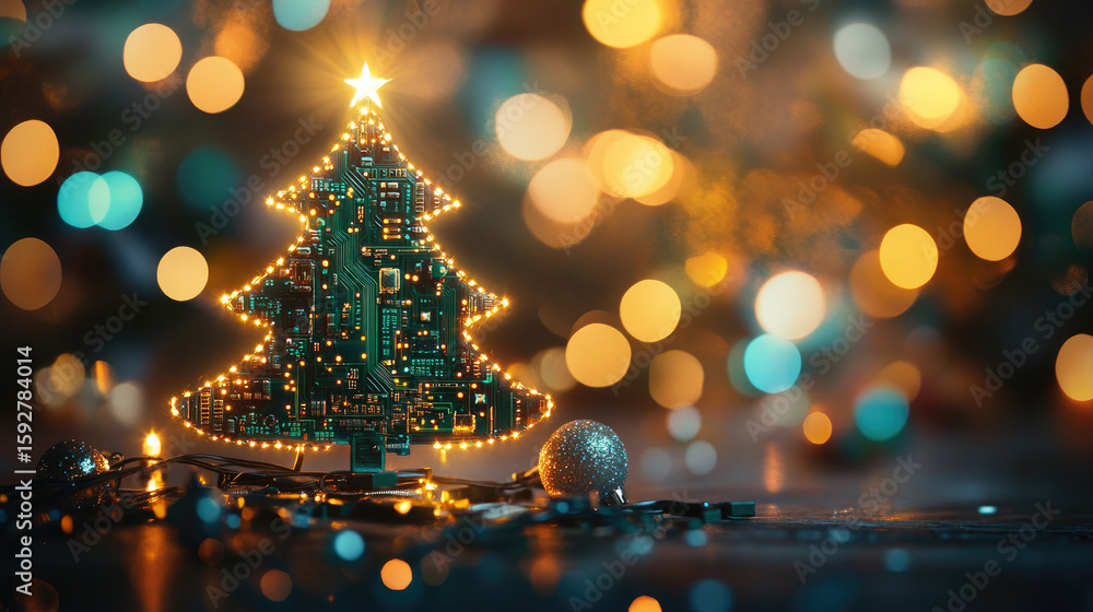 Poster a digital christmas tree made of neon green microchips stands on a motherboard base. luminescent cir