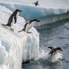 Fototapeta premium Adelie Penguin, pygoscelis adeliae, Group Leaping into Ocean, Paulet Island in Antarctica