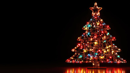 A decorated Christmas tree with colorful lights and a star on top, set against a black background. The tree is illuminated and festive.