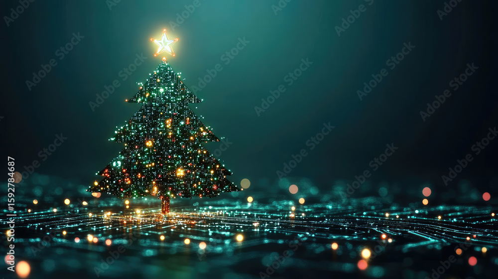 Poster a digital christmas tree made of neon green microchips stands on a motherboard base. luminescent cir