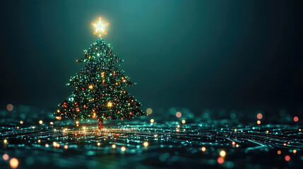 A digital Christmas tree made of neon green microchips stands on a motherboard base. Luminescent circuitry lights create a festive atmosphere. Abstract technology concept.