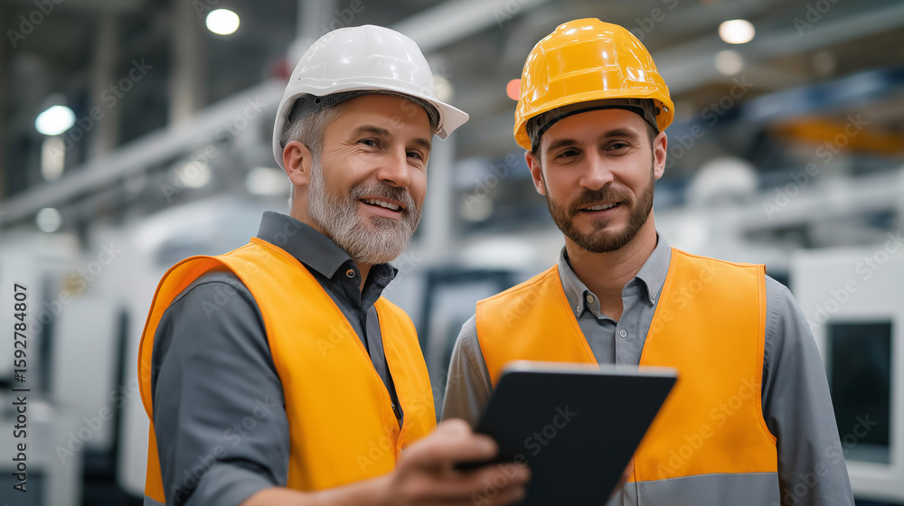 Poster engineers reviewing data on tablet next to cnc machines on factory floor