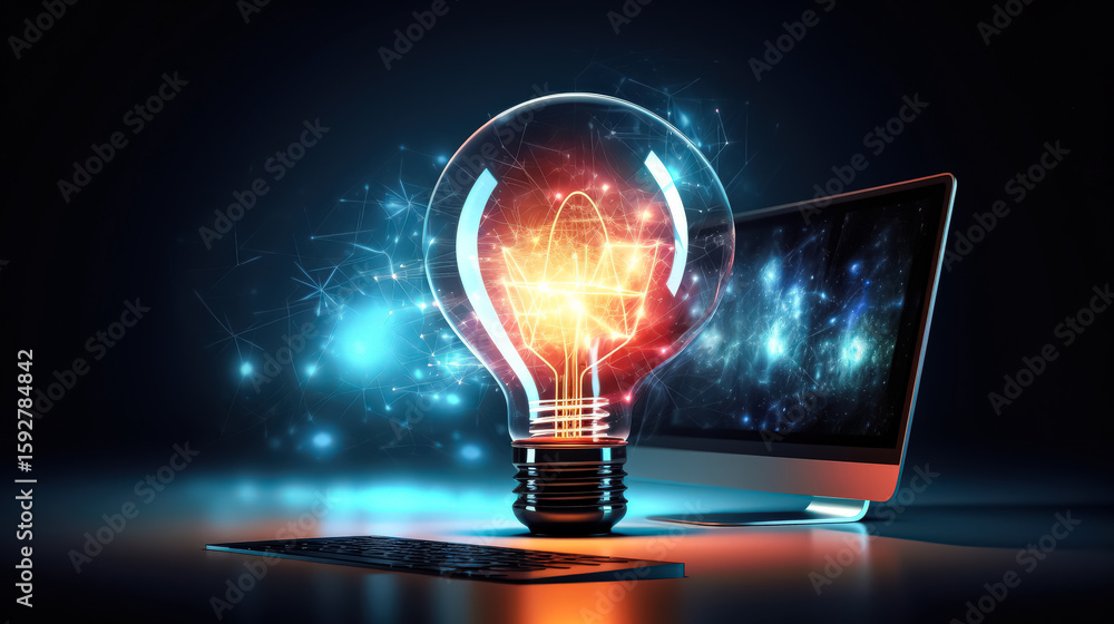 Poster glowing light bulb is on a desk next to a computer monitor