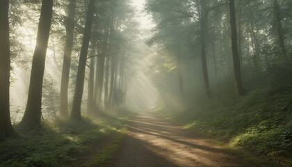 Misty forest path lined with tall trees and ethereal light beams