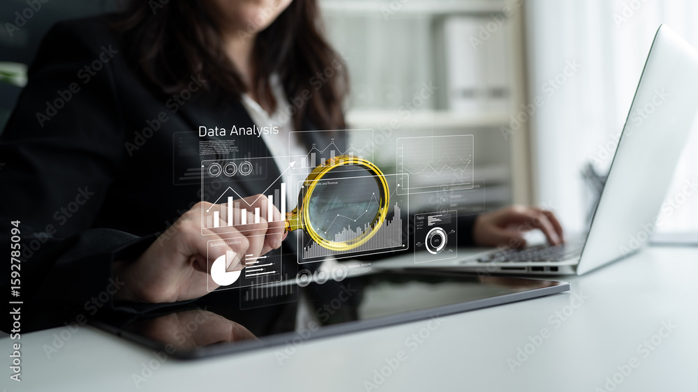 Poster business data analysis dashboard showing charts, statistics, and performance metrics for decision-ma