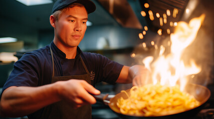 Obraz premium Flaming Wok Tossing Sizzling Orange Noodles in Vibrant Kitchen