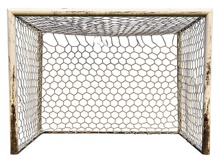 Weathered metal soccer goal with rusted wire mesh netting.