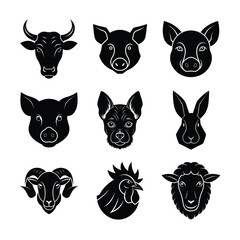 Black and White Animal Heads Bull Pig Dog Rabbit Ram Rooster Sheep