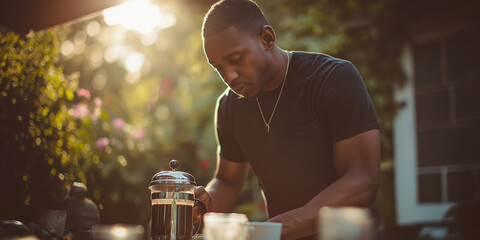 Man Preparing Coffee with French Press in Sunlit Garden