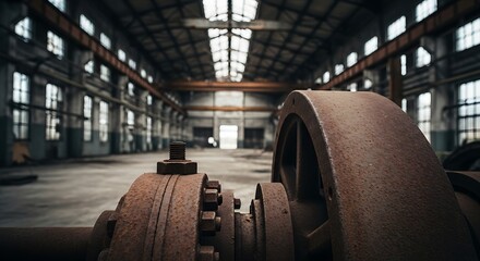 A rusty industrial machine component dominates the foreground of a large, decaying factory interior.