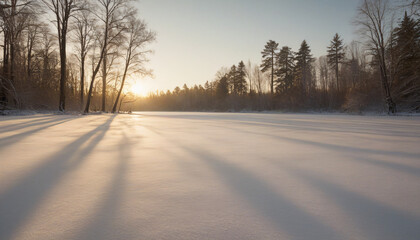 Snow‑covered field with leafless trees at sunrise over evergreen backdrop