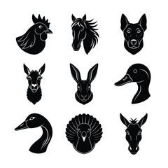 Black and White Animal Head Silhouettes Farm and Domestic Animals