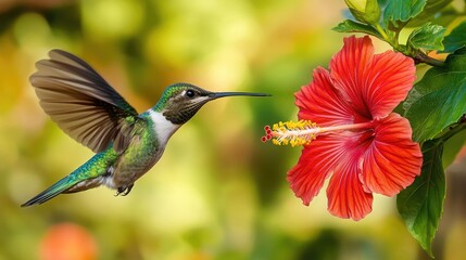 A beautiful hummingbird caught mid-hover near a red hibiscus flower