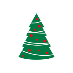 Green Christmas tree with red ornaments and white tinsel presents a festive and holiday themed design for cards and decorations.
