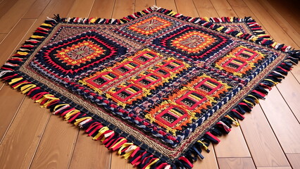 A bright, intricately woven rug, an unusual hexagonal shape with bright geometric patterns, lies on a wooden floor.