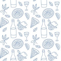 Italian food seamless pattern in blue color on white background. Cute doodle illustration with pizza, lemon, wine.