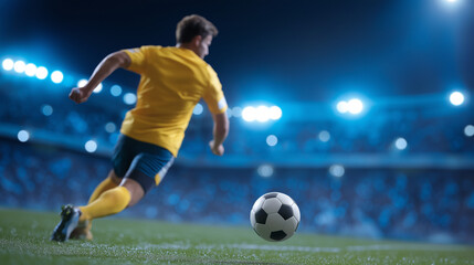 Fototapeta premium Dynamic soccer action in a floodlit stadium pitch