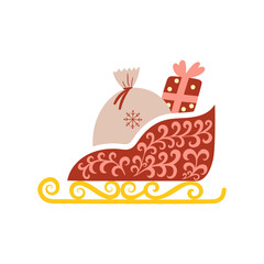 A charming Christmas sleigh graphic with a gift sack and present is perfect for holiday designs and seasonal promotions.