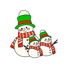 Whimsical snowmen family graphic featuring festive hats and scarves, perfect for winter holiday cards and seasonal designs.
