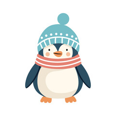 Adorable cartoon penguin with a winter hat and scarf creates a festive, playful graphic suitable for holiday designs.