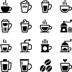 Collection of black and white coffee icons including cups and grinders hot drink beverage