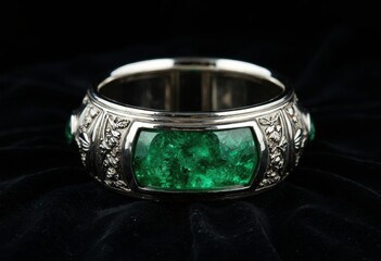 Elegant Silver Bracelet with Green Gemstones and Intricate Design