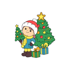 A delightful Christmas scene featuring a smiling girl, decorated trees, and colorful presents, perfect for holiday greeting cards and seasonal designs.