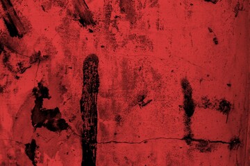 Red background, Rough textured red wall with visible cracks and dark abstract patterns, ideal for backgrounds and art projects.