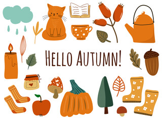 Hello autumn doodle set with cozy cat, pumpkin, mug and fall icons