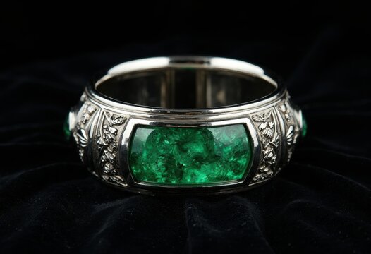 Elegant Silver Bracelet with Green Gemstones and Intricate Design - Powered by Adobe
