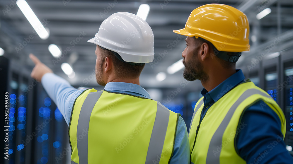Aufkleber engineers supervising data center server racks with led lights