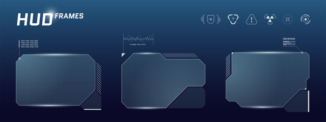 Modern sci fi dashboard with holographic menu, video panel and interface windows. Cyberpunk HUD in blue tones overlays space background with virtual gamer UI elements.