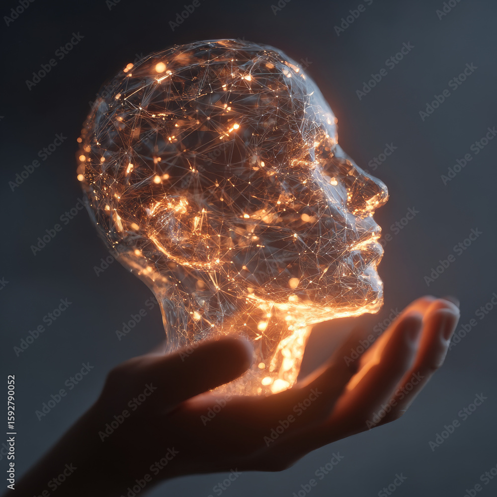Poster ai. electronic brain. neon silhouette of human head with artificial intelligence hanging over palm h