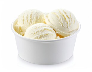 Three scoops of vanilla ice cream in a white paper cup