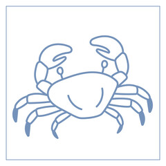 Blue crab outline on white background. Hand drawn sea animal.
