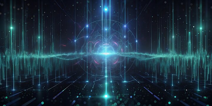 A futuristic digital tunnel with glowing blue and green lights and data streams.