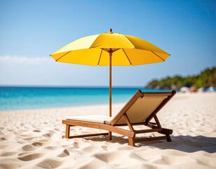 Tropical beach scene with yellow umbrella and beach chair