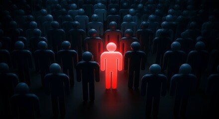 Obraz premium Stand Out from the Crowd Concept – Red Individual Among Blue Figures in Spotlight.