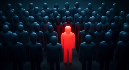 Stand Out from the Crowd Concept – Red Individual Among Blue Figures in Spotlight.